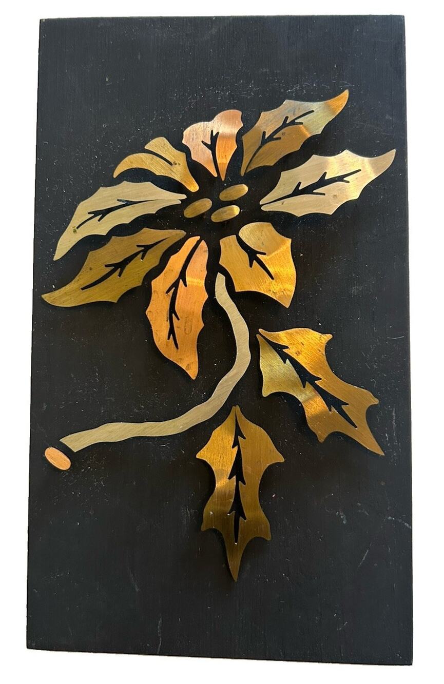 Vtg Floral Copper Brass Pewter Inlay On Wood Small Art Wall Hanging 5.5x9” MCM